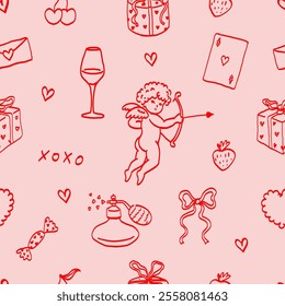 Valentine’s Day Seamless Pattern. Hand Drawn Ornament with Cupid, Hearts, Flowers, and Gifts. Romantic Line Art on Pink Background. Symbols of Love. 