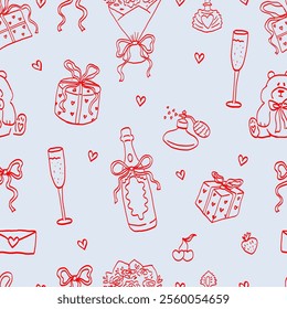 Valentine’s Day Seamless Pattern. Hand Drawn Ornament with Hearts, Flowers, and Gifts. Romantic Line Art on Blue Background. Symbols of Love