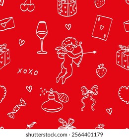 Valentine’s Day Seamless Pattern. Hand Drawn Ornament with Cupid, Hearts, Flowers, and Gifts. Romantic Line Art on Red Background. Symbols of Love. 