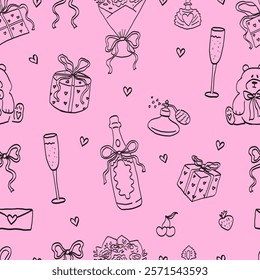 Valentine’s Day Seamless Pattern. Hand Drawn Ornament with Hearts, Flowers, and Gifts. Romantic Line Art on Pink Background. Symbols of Love