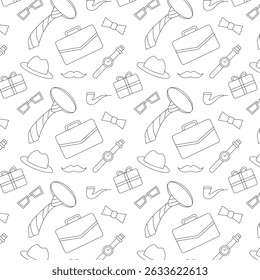 Father’s Day Seamless Pattern Hand Drawn Icons – Tie, Mustache, Gift, Tools, Cute Repeat Background for Wrapping Paper and Cards