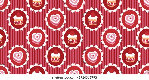 Valentinstag nahtloses Muster mit Herzbonbons und Cupcake-Abzeichen auf rot gestreiftem Hintergrund. Süße romantische Textur zum Verpacken von Papier, Karten, Textilien, Verpackungen und february promos. für Liebhaber.