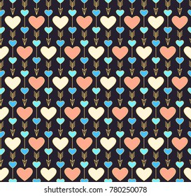 Valentine’s day seamless pattern. Heart, love, wedding, romantic background. Abstract geometric hearts and arrows wallpaper.