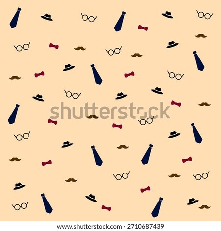 Men’s Day seamless pattern with mustache, glasses, hat, tie and bow tie icons, transparent background, vector repeat design for Father’s Day and men’s gifts, wrapping paper and fabric.