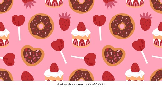 Patrón sin fisuras de San Valentín en rosa con rosquillas de corazón, cupcakes, piruletas, fresas y cerezas. Fondo romántico dulce para envolver papel, tarjetas, textiles, embalaje y anuncios de Anuncio de Web.