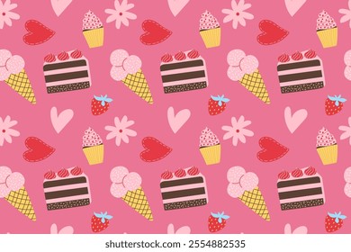  Valentine’s Day Seamless Pattern, pink background, cake, hearts, strawberries, ice cream, cupcake. Vector illustration, flat style, background