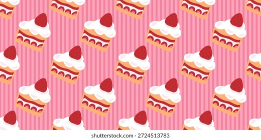 Patrón sin fisuras de San Valentín con cupcakes de rayas rosas rematados con crema y fresas. Fondo romántico dulce para envolver papel, tarjetas, textiles, embalaje y promociones de febrero para los amantes.