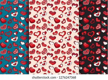 Valentine’s day seamless pattern set. Colorful childish decor repeat background. Hand drawn doodle cartoon style love and hearts design concept. Vector illustration.