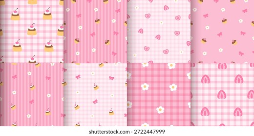 Patrón sin fisuras de San Valentín en tonos rosados: cupcakes, donas, fresas, cerezas, lazos, corazones y chispas. ¡Fondos románticos para envolver, tarjetas, textiles y embalajes en febrero!