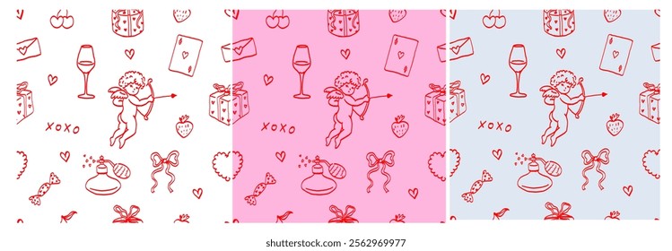 Valentine’s Day Seamless Patterns Set. Hand Drawn Ornament with Cupid, Hearts, Flowers, and Gifts. Romantic Line Art in White, Pink and Blue Colours. Symbols of Love. 