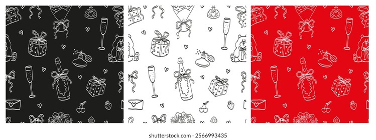 Valentine’s Day Seamless Patterns Set. Hand Drawn Ornament with Cupid, Hearts, Flowers, and Gifts. Romantic Line Art in White, Red and Black Colours. Symbols of Love. 