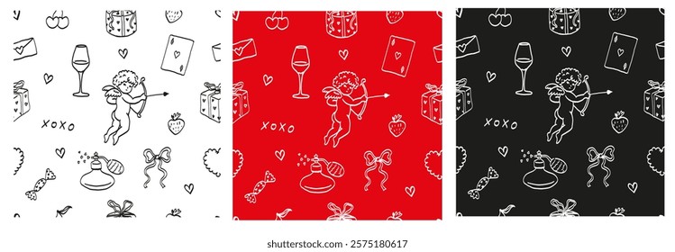 Valentine’s Day Seamless Patterns Set. Hand Drawn Ornament with Cupid, Hearts, and Gifts. Romantic Line Art in White, Red and Black and White Colours. Symbols of Love. 