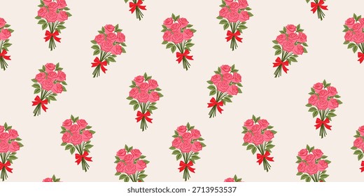 Patrón de ramo de rosas sin costuras del día de San Valentín con rosas rosadas y lazo rojo. Fondo floral romántico de la repetición para el papel de embalaje, Fondo de pantalla, tela, abrigo del regalo