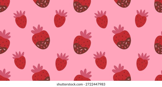 Patrón de fresa sin fisuras de San Valentín sobre fondo rosa con bayas rojas dispersas. Ambiente dulce romántico para envolver papel, tarjetas, textiles, Fondos de pantalla, envases y Anuncios de Web en febrero