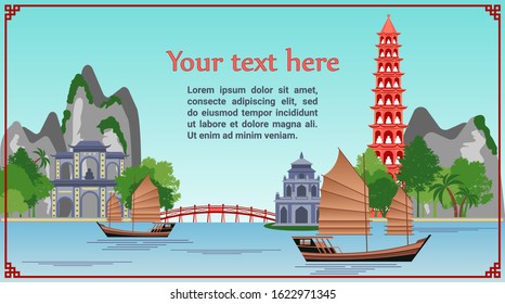 Day Seaside in Asia postcard and leaflets vector illustration