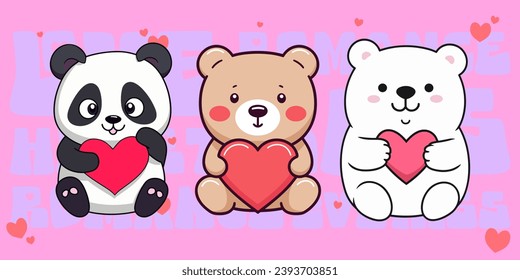 Valentine’s Day Set Collection of Cute Bears: Teddy Bear, Panda, Polar Bear. Vector Compositions with Bears, Hearts in Flat Style
