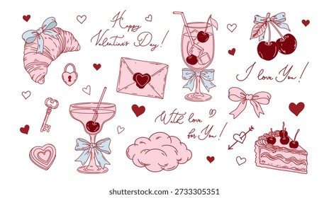 Valentine’s Day set with croissant, cake, bows, cherry cocktails and hearts. Cute elements for romantic holiday designs. Flat vector illustration.