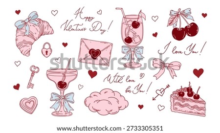 Valentine’s Day set with croissant, cake, bows, cherry cocktails and hearts. Cute elements for romantic holiday designs. Flat vector illustration.