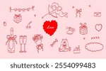 Valentine’s Day Set. Hand Drawn Illustration of Cupid, Hearts, Flowers, and Gifts. Romantic Line Art on Pink Background. 