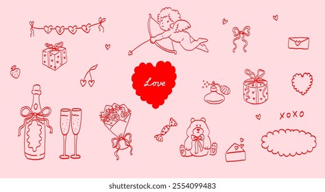 Valentine’s Day Set. Hand Drawn Illustration of Cupid, Hearts, Flowers, and Gifts. Romantic Line Art on Pink Background. 