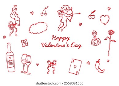 Valentine’s Day Set. Hand Drawn Illustration of Cupid, Hearts, Hand, Flowers, and Gifts. Romantic Tattoo Art. 