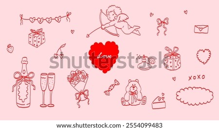 Valentine’s Day Set. Hand Drawn Illustration of Cupid, Hearts, Flowers, and Gifts. Romantic Line Art on Pink Background. 
