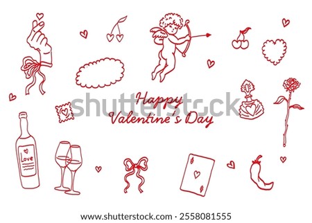 Valentine’s Day Set. Hand Drawn Illustration of Cupid, Hearts, Hand, Flowers, and Gifts. Romantic Tattoo Art. 