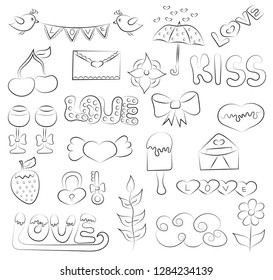 Valentine’s day set of icons and objects. Hand drawn doodle love and hearts design concept. Black and white outline coloring page kids game. Monochrome line art. Vector illustration.