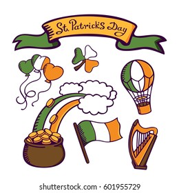 St.Patrick’s day set. Irish flag with harp, rainbow, clovers, money pot and baloons. Lettering St.Patrick’s Day. Vector images for your business and design. For postcards, cartoons, linen and clothing