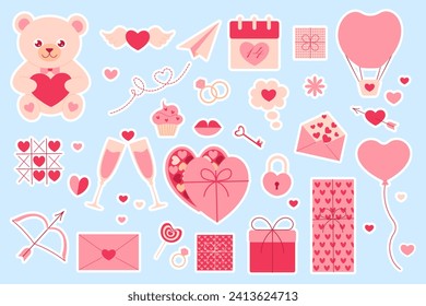 Conjunto de stickers del Día de San Valentín con osito de peluche, regalo, labios, tarta, caramelos, corazones