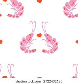 Valentine’s Day shrimp couple seamless pattern on white background. Hand drawn naive seafood design with pink prawns and red hearts. 