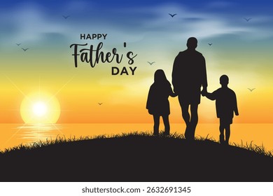 Father’s Day Silhouette with Children at Sunset – Vector Illustration