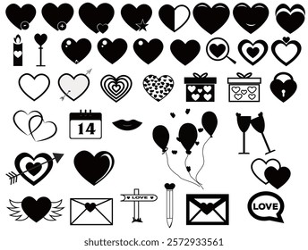 Valentine’s Day Silhouette Elements Bundle Set of Vector Design. Premium Hand Drawing Vector Design of Valentine Elements Set on White Background.