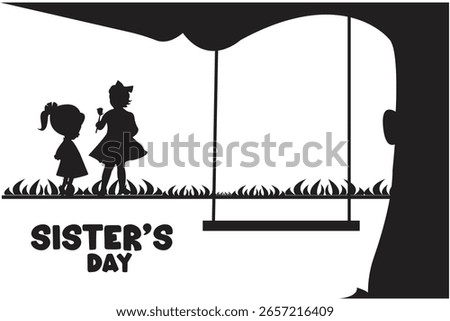 Sisters’ Day silhouette vector illustration featuring two little girls standing under a tree with a swing. Best for celebrating sisterhood, childhood memories, family love, emotional bonding moments.