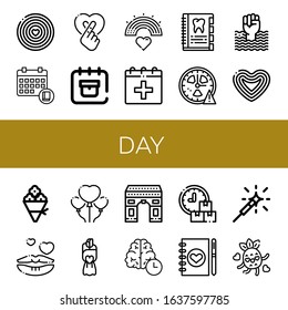 day simple icons set. Contains such icons as World pride day, Schedule, Heart, Delivery date, Rainbow, Date, Agenda, Clock, Love, Flower bouquet, can be used for web, mobile and logo