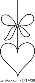 Día de San Valentín ilustración de arte continuo de una sola línea de un corazón colgante con lazo de cinta, dibujado con una línea negra gruesa ininterrumpida