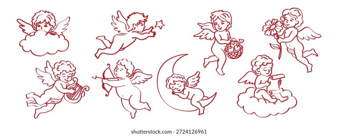 Valentinstag-Skizze mit handgezeichneten Cherub-Cupiden, Herzen, Blume, Pfeil und Bogen, Stern, Wolke und Lyra. Romantische Doodle-Vektorelemente für Karten, Einladungen, Poster und liebes Mottoprinzip.