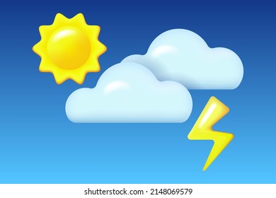 Day sky. 3D blue clouds, yellow sun and lightning. Realistic icons for weather forecast