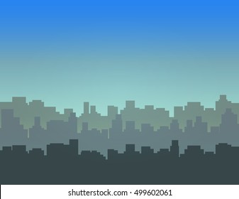 Day sky above city buildings. Vector illustration.