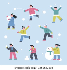 The day the snow falls, the children play happily. concept illustration. flat design vector graphic style.
