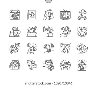 El día de Snowdrop Iconos de línea delgada de Vector perfecto de píxeles bien elaborados 30 2x cuadrícula para gráficos de Web y App. Pictograma mínimo simple