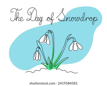The Day of Snowdrop.Abstract spring snowdrops on snow ,continuous one line art hand drawing sketch