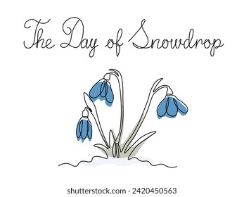 El día de la nieve. Resumen de las nevadas de primavera en la nieve, un dibujo continuo de una línea de arte a mano