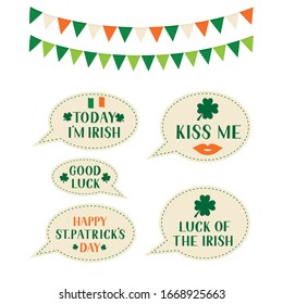 Patrick’s day speech bubbles and flags. Vector template for Saint Patricks day greeting card, banner, poster, flyer, postcard, t-shirt.