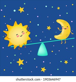 Day of spring equinox. Cartoon sun and moon swing. March 22. Nyuryz.