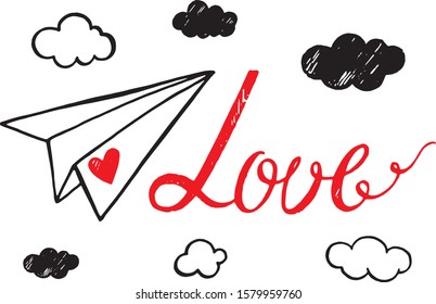 Сard to the day of St. Valentine. Paper airplane. Love letter.