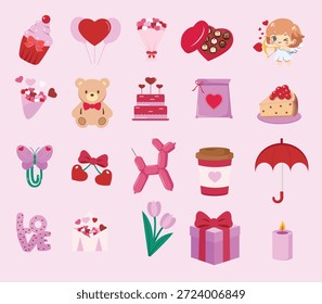 Paquete adhesivo del día de San Valentín con Ilustraciones vectoriales planas lindas y coloridas. Esta colección incluye corazones, regalos, cupcakes, globos, osito de peluche, flores, cintas, símbolos de amor y Elementos románticos. Perfecto para diseños de San Valentín, tarjetas de felicitación, publicaciones en redes sociales, pegatinas, invitaciones, empaques, carteles y proyectos temáticos románticos. Estilo plano limpio, diseño moderno y obras de arte de Vector totalmente editables.