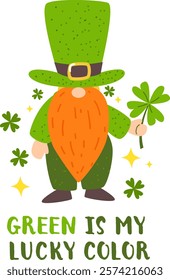 Patrick’s Day Sticker. Green Leprechaun with Shamrock and Orange Beard.