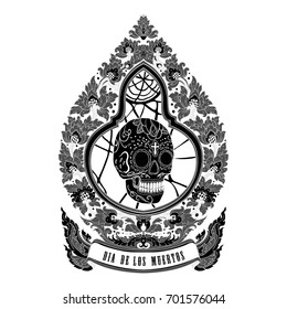 Day of the Sugar Dead Skull Flower Frame with text Dia de los Muertos. Black and White Design Pattern. Stylish skull Tattoo.