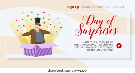 Day of Surprises. Man jumps out of box. Happy holiday. Template landing page. Illustration concept for mobile website and internet development.
